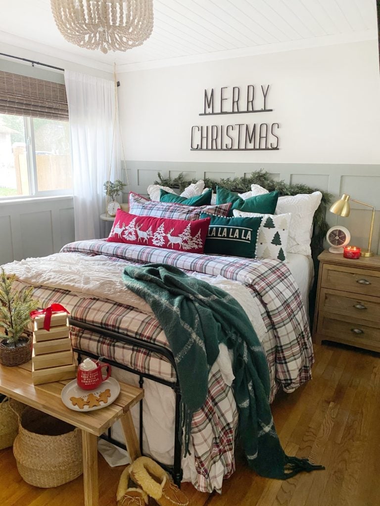 Farmhouse Charm with Plaid Bedding and Festive Signs — cozy christmas bedroom 2026