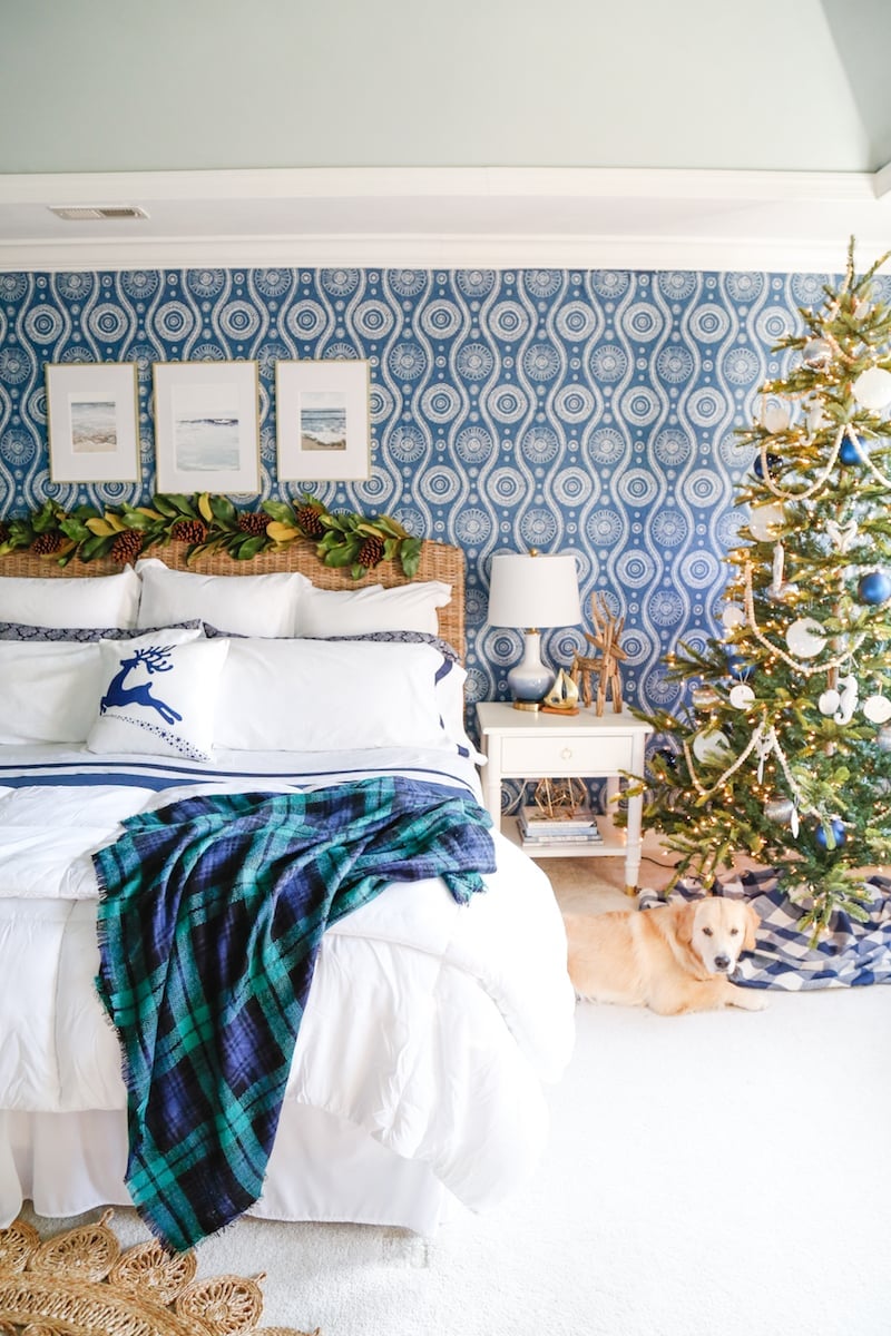 Coastal Christmas Bedroom with Blue and White Decor — cozy christmas bedroom 2026