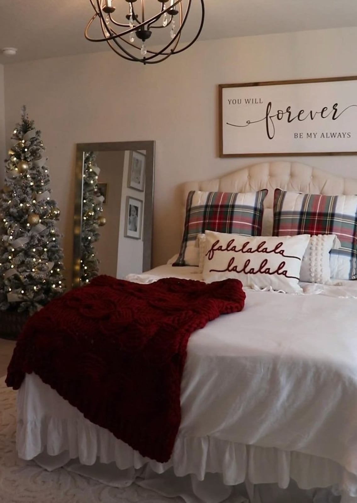 Traditional Christmas Bedroom with Red Cable Knit Throw — cozy christmas bedroom 2026
