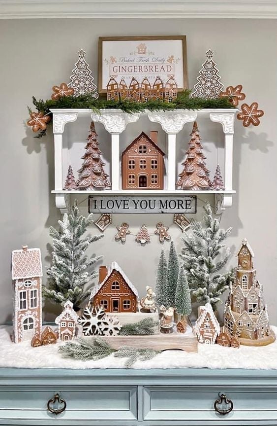 Tiered Shelf Display of Gingerbread Village Elements — gingerbread christmas decor ideas 2026