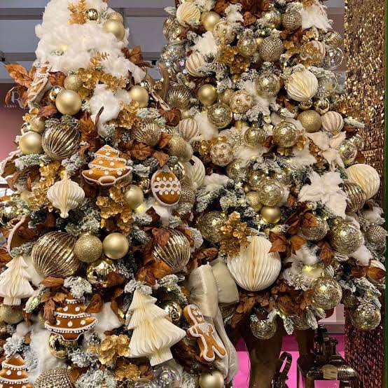 Two Christmas Trees with Gingerbread and Gold Ornaments — gingerbread christmas decor ideas 2026