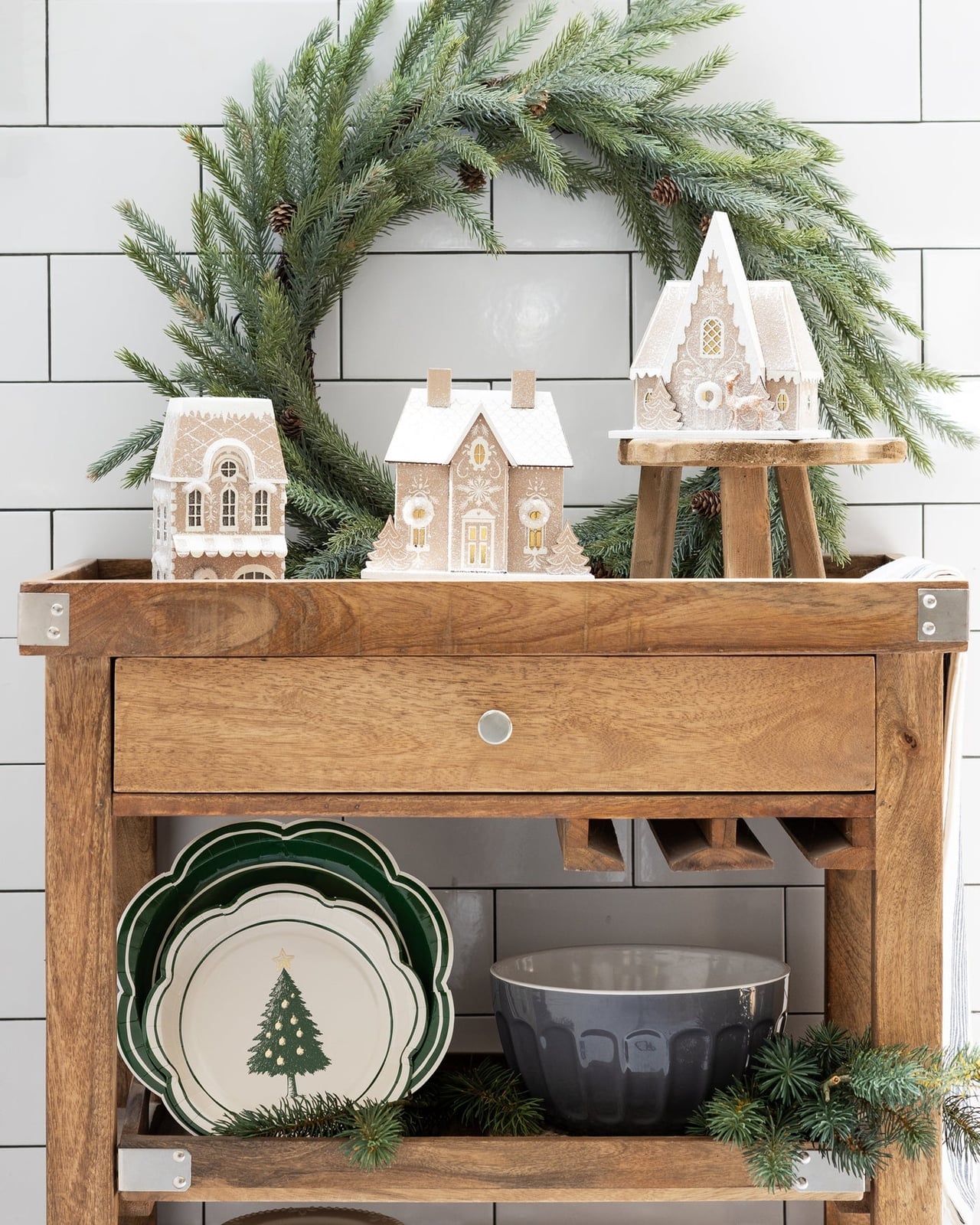 Farmhouse Kitchen Cart with White Gingerbread Houses — gingerbread christmas decor ideas 2026