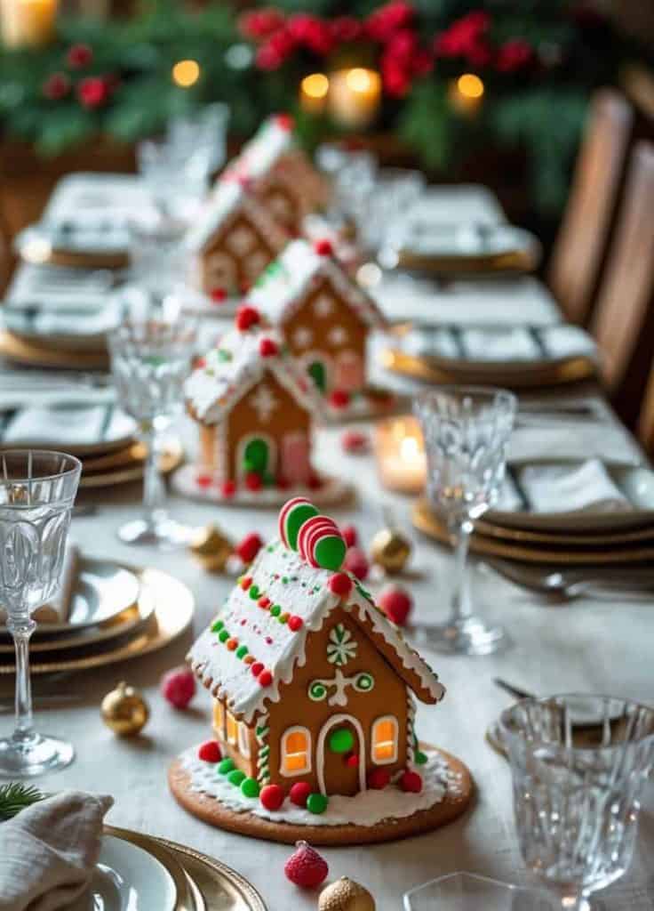 Dining Table Centerpiece with Decorated Gingerbread Houses — gingerbread christmas decor ideas 2026
