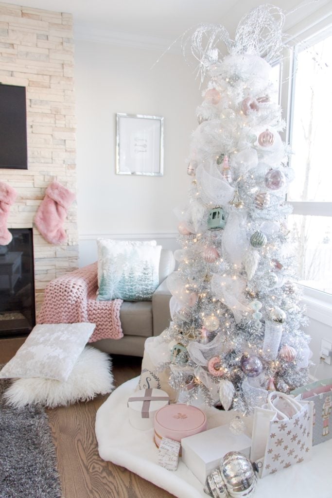 Ethereal White Flocked Tree with Silver and Blush Pink Ornaments — pastel christmas tree 2026