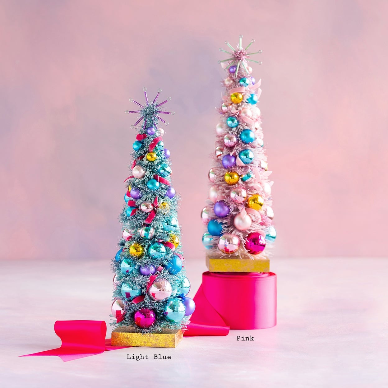 Vintage Tinsel Trees in Pastel Blue and Pink with Glass Ornaments — pastel christmas tree 2026