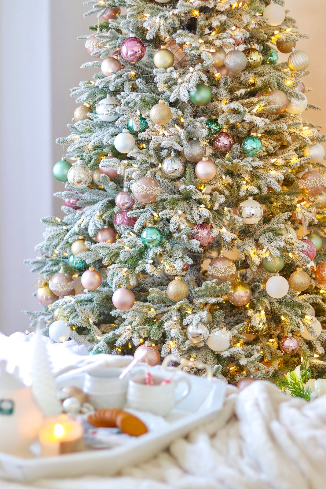 Frosted Christmas Tree with Pastel Pink, Mint, and Gold Accents — pastel christmas tree 2026