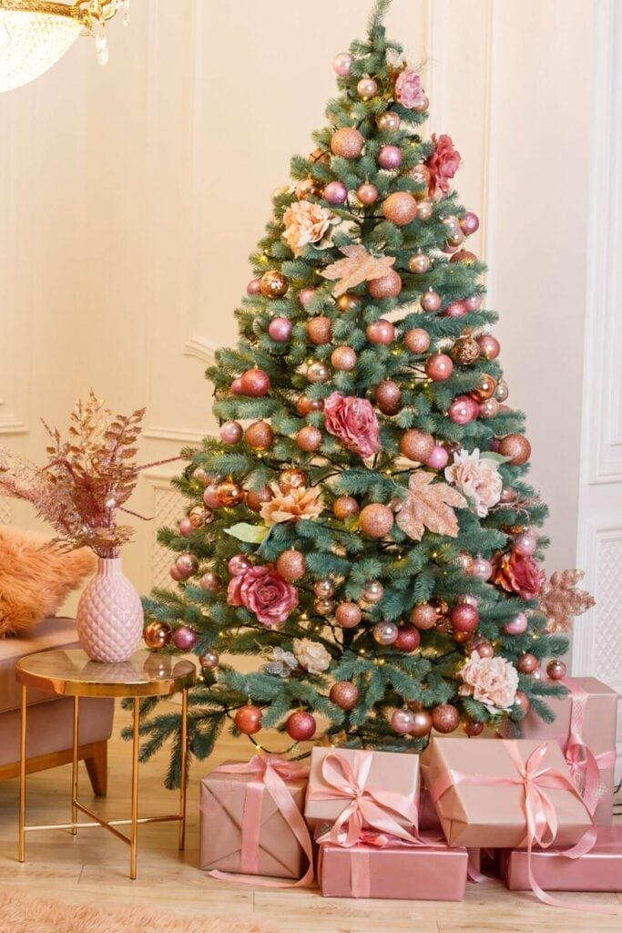 Romantic Pastel Tree with Blush Pink, Rose Gold, and Floral Accents — pastel christmas tree 2026