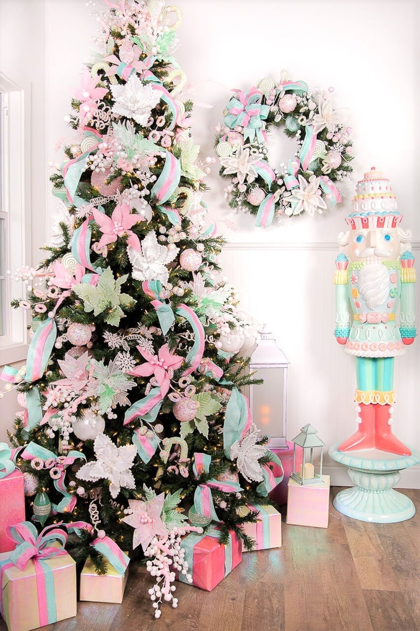 Whimsical Pastel Tree with Ribbon and Poinsettia Accents — pastel christmas tree 2026
