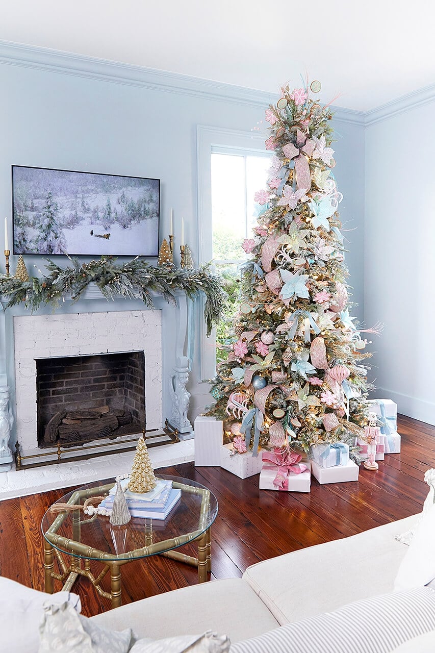 Elegant Pastel Blue and Pink Tree by a Cozy Fireplace — pastel christmas tree 2026
